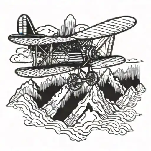 A vintage-inspired design of a biplane soaring over a mountain range tattoo design idea