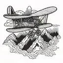 A vintage-inspired design of a biplane soaring over a mountain range tattoo design idea
