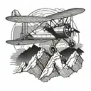 A vintage-inspired design of a biplane soaring over a mountain range tattoo design idea