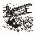 A vintage-inspired design of a biplane soaring over a mountain range tattoo design idea