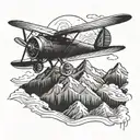 A vintage-inspired design of a biplane soaring over a mountain range tattoo design idea