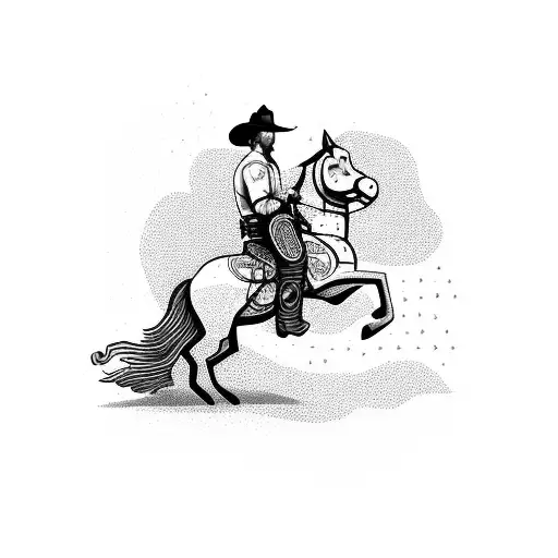 A cowboy riding a horse with a guitar in hand, surrounded by musical notes and symbols tattoo design idea