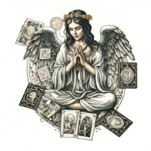An ethereal angel surrounded by mystical tarot cards in a meditation pose tattoo design idea