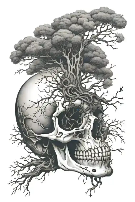 A surreal tattoo of a skull morphing into a tree, symbolizing the cycle of life and death in nature tattoo design idea