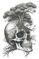 A surreal tattoo of a skull morphing into a tree, symbolizing the cycle of life and death in nature tattoo design idea