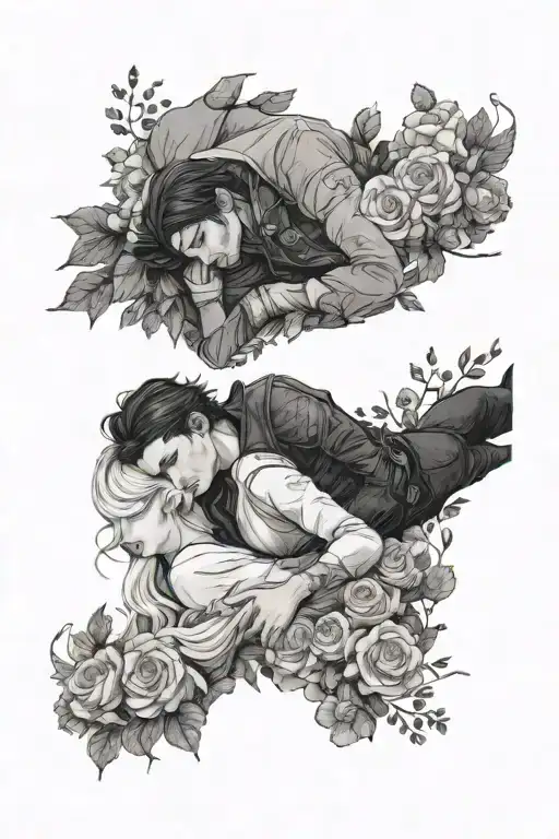 Manon and abraxos from throne of glass, Manon laying in a field of flowers tattoo design idea