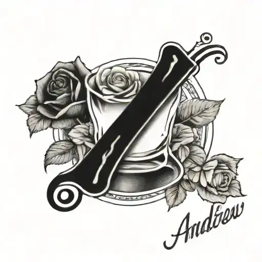 the name Andrew written across with roses and a glass of whiskey   tattoo design idea