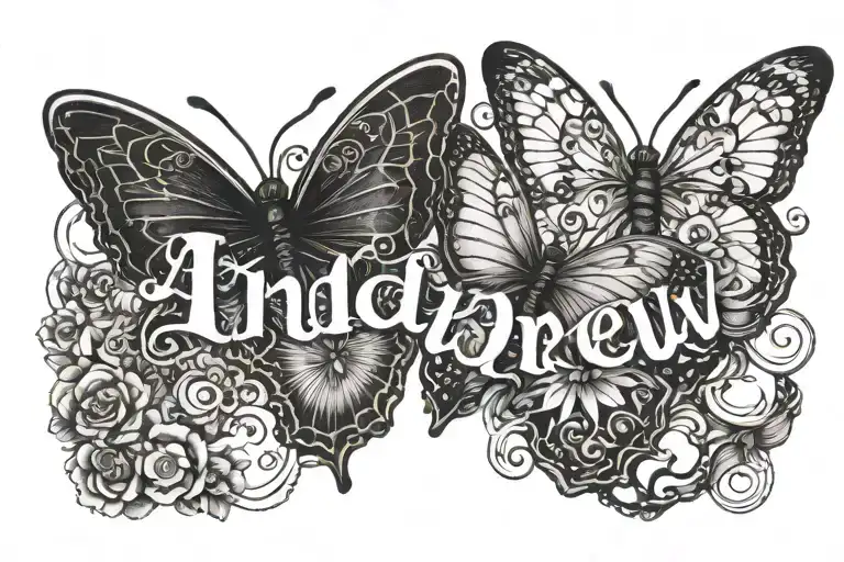 the name Andrew written  with a glass of whiskey and butterflies   tattoo design idea