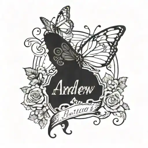 the name Andrew written  with a glass of whiskey and butterflies   tattoo design idea