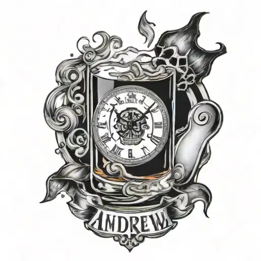 the name Andrew written  with a glass of whiskey and a clock with the time of death  tattoo design idea