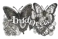 the name Andrew written  with a glass of whiskey and butterflies   tattoo design idea