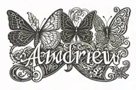 the name Andrew written  with a glass of whiskey and butterflies   tattoo design idea
