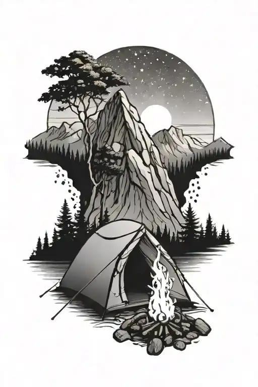 Camping tent with camp fire, a Mountain Background and waterfall tattoo design idea