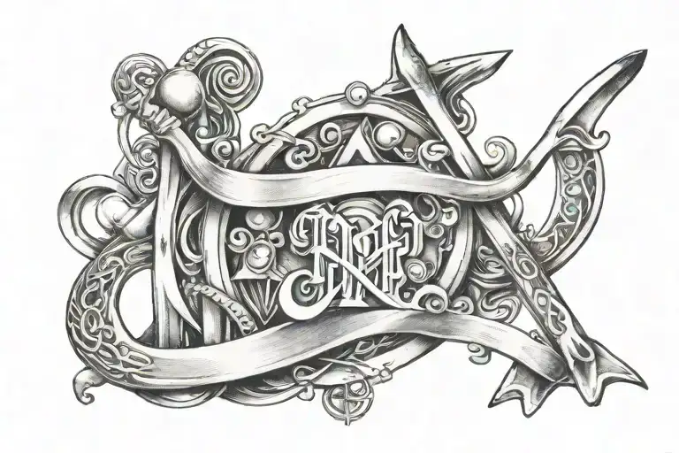 A symbolic tattoo design incorporating elements of gymnastics and sports equipment intertwined with the initials of your family members, representing your diverse interests and loved ones tattoo design idea