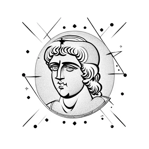 Alexander the Great in a diamond with cosmic elements like moons and stars tattoo design idea