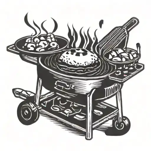 A pitmaster grilling meat with soccer balls and musical notes as decorations tattoo design idea