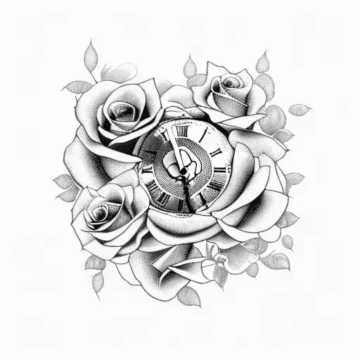 clock with roses tattoo design idea