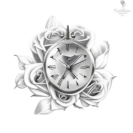 clock and roses tattoo design idea