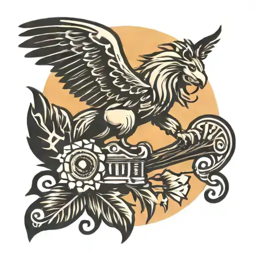 A traditional tattoo design of a lion and eagle perched on a branch, overlooking a stunning sunset and sunrise, with musical notes and instruments incorporated into the scene tattoo design idea