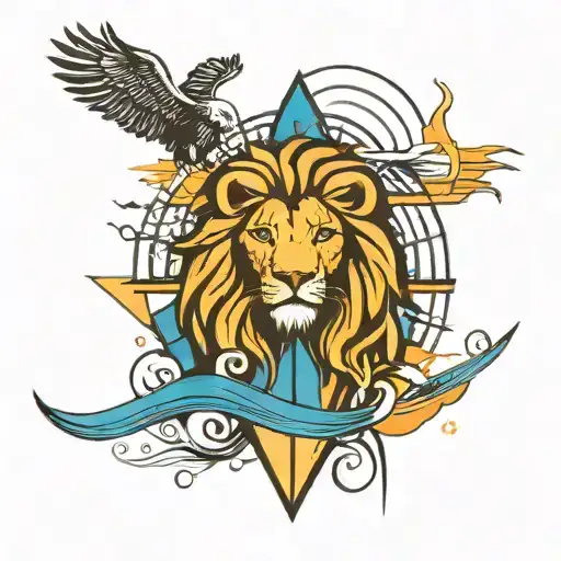 An abstract design incorporating elements of entertainment and music, with a silhouette of a lion and eagle watching the sunset and sunrise in the background tattoo design idea