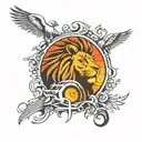 An abstract design incorporating elements of entertainment and music, with a silhouette of a lion and eagle watching the sunset and sunrise in the background tattoo design idea