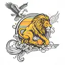 An abstract design incorporating elements of entertainment and music, with a silhouette of a lion and eagle watching the sunset and sunrise in the background tattoo design idea