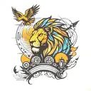 An abstract design incorporating elements of entertainment and music, with a silhouette of a lion and eagle watching the sunset and sunrise in the background tattoo design idea
