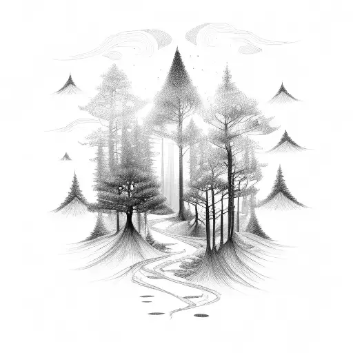 A serene forest scene with intricate details representing memories and mental health journey tattoo design idea