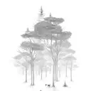 A serene forest scene with intricate details representing memories and mental health journey tattoo design idea