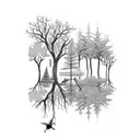 A serene forest scene with intricate details representing memories and mental health journey tattoo design idea