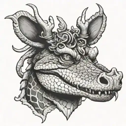 alligator head with deer antlers tattoo design idea