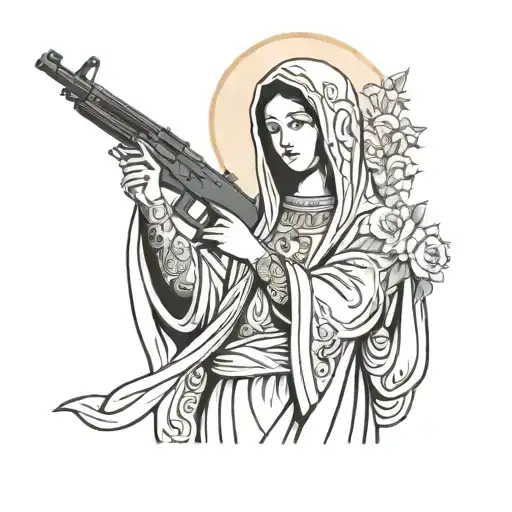 virgen mary with no face holding a ak47  tattoo design idea