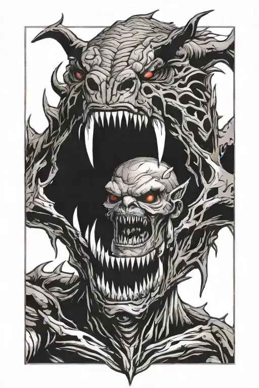 monster witcher horror gore with eyes and teeth tattoo design idea