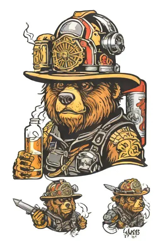 firefighter helmet bear rum bottle fire tattoo design idea