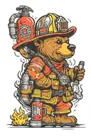 firefighter helmet,bear,bottle,fire tattoo design idea