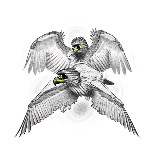 "Microrealism tattoo concept: Two majestic hawks in flight, one unscathed, the other wounded by three arrows. The latter tattoo design idea