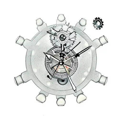 A gothic style clock with gears and cogs made from old weapons like guns and knives tattoo design idea
