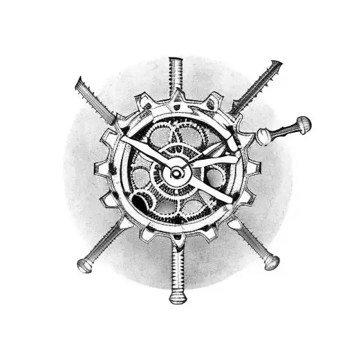 A gothic style clock with gears and cogs made from old weapons like guns and knives tattoo design idea