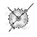 A gothic style clock with gears and cogs made from old weapons like guns and knives tattoo design idea