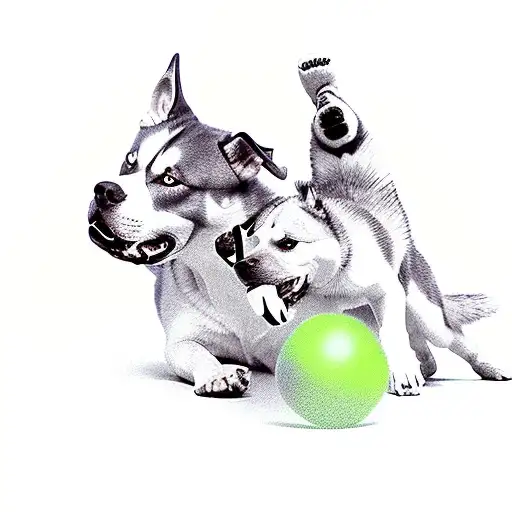 husky and pitbull playing tattoo design idea