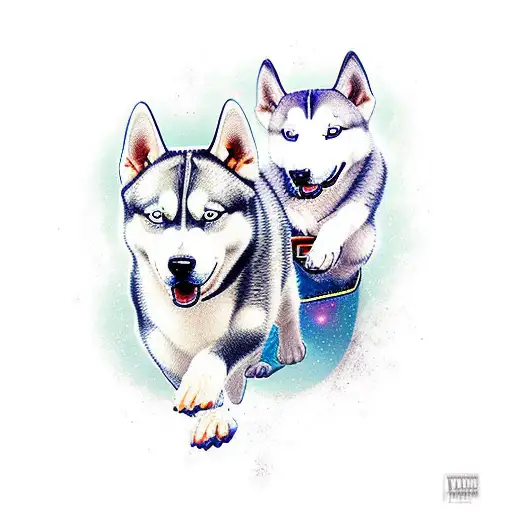 husky and pitbull playing tattoo design idea