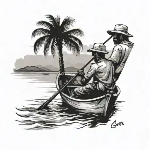 me and my uncle on a boat fishing, no faces, in goa india palm trees  tattoo design idea