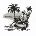 me and my uncle on a boat fishing, no faces, in goa india palm trees  tattoo design idea