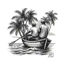 me and my uncle on a boat fishing, no faces, in goa india palm trees  tattoo design idea