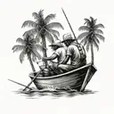 me and my uncle on a boat fishing, no faces, in goa india palm trees  tattoo design idea