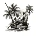 me and my uncle on a boat fishing, no faces, in goa india palm trees  tattoo design idea