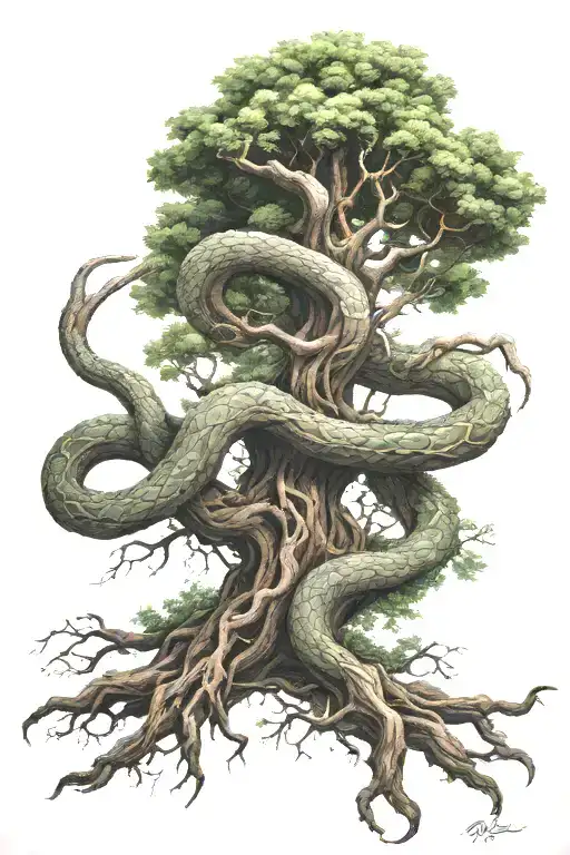 the serpent jormungandr woven into the roots of the tree yggdrasil tattoo design idea