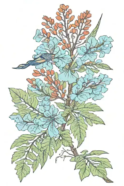 Royal Poinciana Deloni Regia Flowers with One Big Feather which is color filled in Gradient Lgiht Blue Color   tattoo design idea