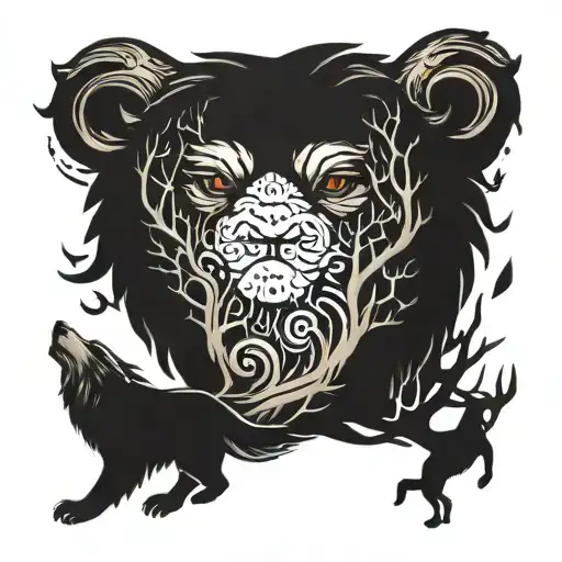 bear tree wolf sea  tattoo design idea