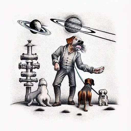 a man with a dog look at the parade of planets in the sky tattoo design idea